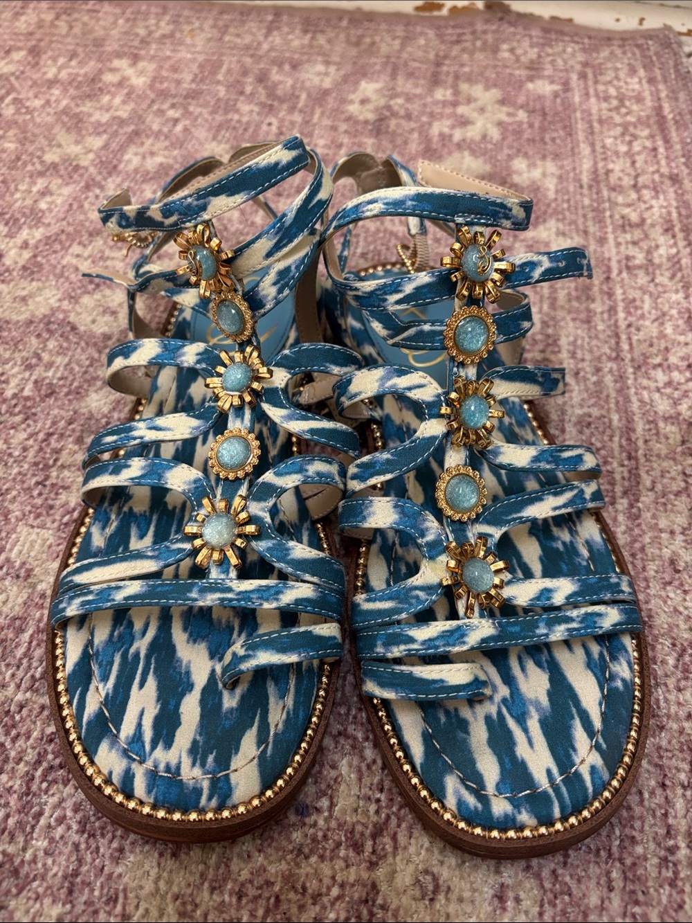 Sam Edelman Blue Patterned Jeweled Strappy Sandals